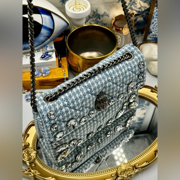 🆕 KURT GEIGER LONDON 🧿 NWOT Blue & White Houndstooth Kensington Bag, Crystals - Picture 2 of 16
